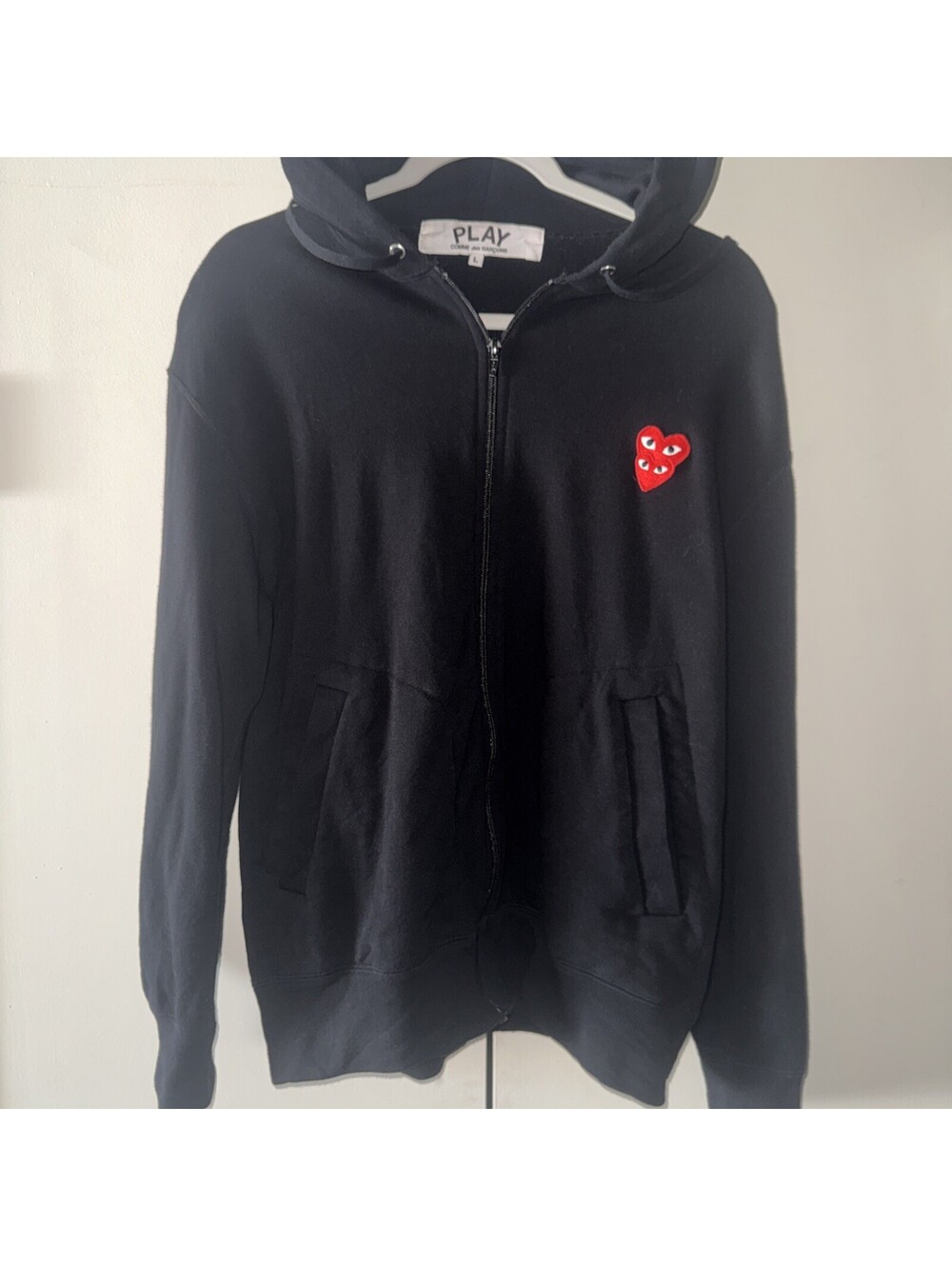 CDG Play Men's Black Zip Up Hoodie Sweatshirt Red Heart Logo Size Large